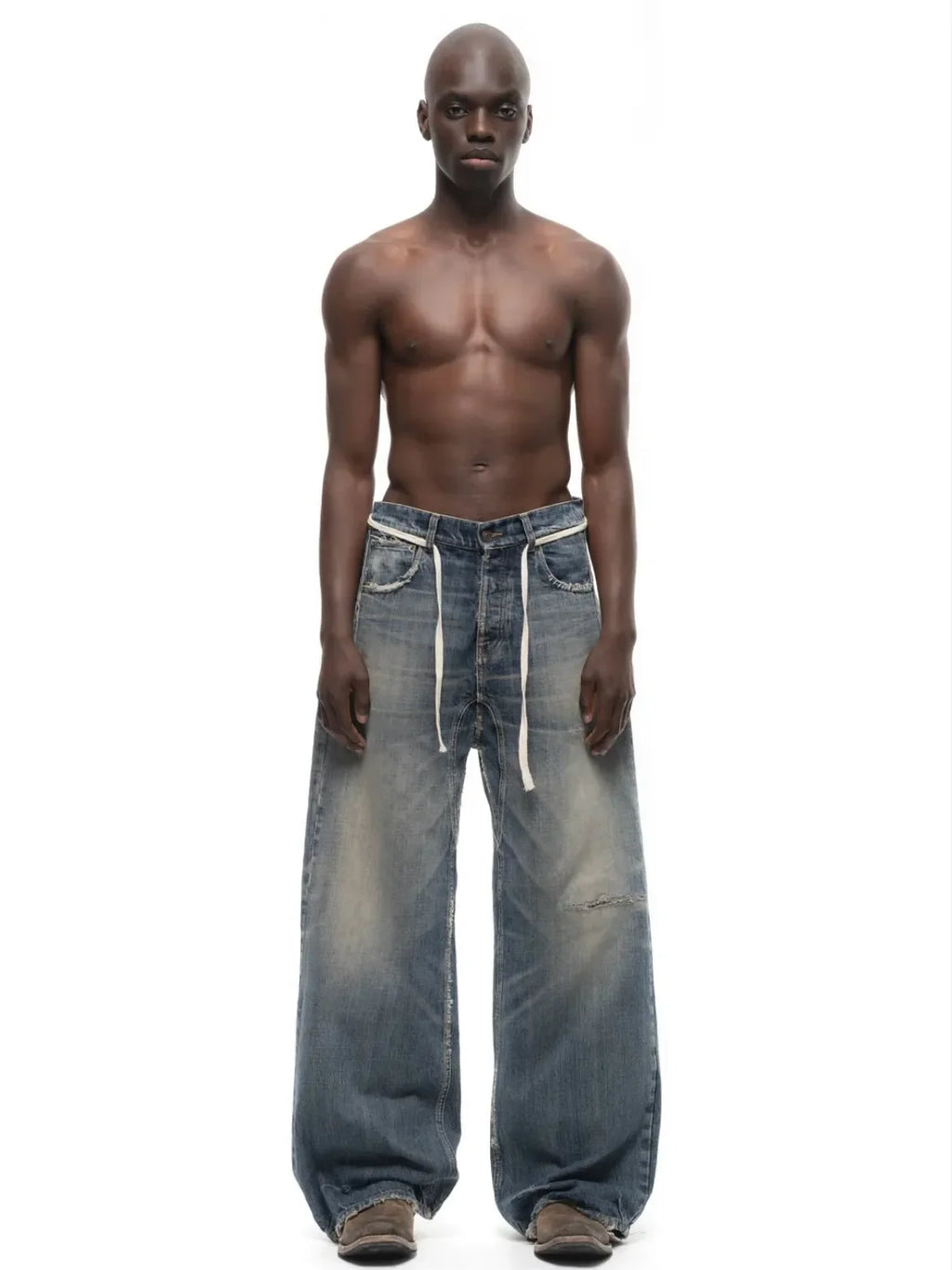 No faith studios washed pussy whiskers made old handmade ripped loose wide legs light blue jeans