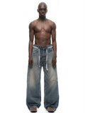 No faith studios washed pussy whiskers made old handmade ripped loose wide legs light blue jeans