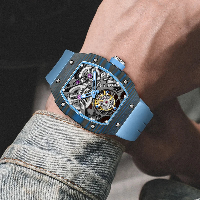 Haofa Automatic Tourbillon Watch Men Carbon Fiber Hollow Movement Luminous Sapphire Crystal Mechanical Man Watches Luxury 1901-1