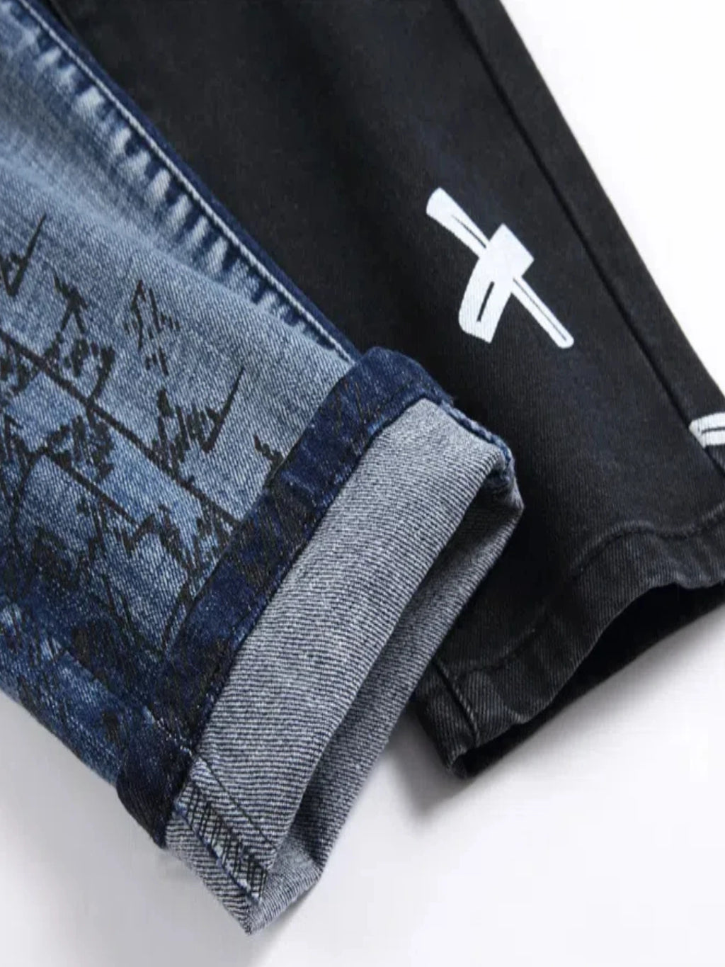 Men's Ripped Letter Print Stretch Small Feet Straight Slim Patchwork Jeans Comfortable Skinny Bike Jeans