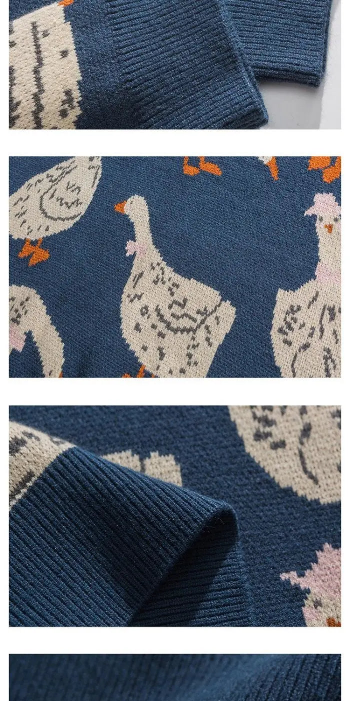 Chic Cartoon Animal Duck Goose Print Knitted Sweater Men Pullover Harajuku Casual O-Neck Oversize Streetwear Fall Winter Top