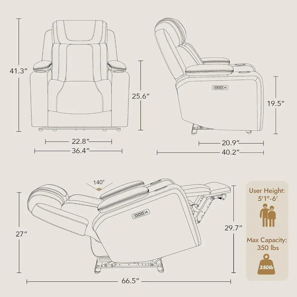 Oversized Genuine Leather Electric Recliner Chair with Power Adjustable Rest and Lumbar Support, Hidden Storage, Light Grey for