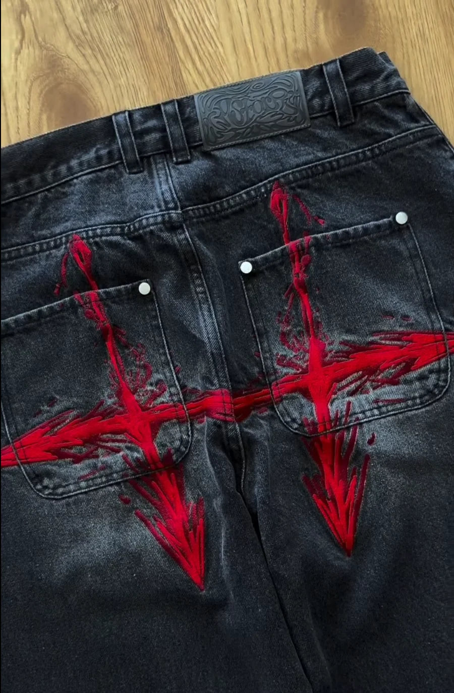 Y2K Vintage Loose Denim Pants Black Japan Cartoon Pattern Embroidered Jeans Women Wide Leg High Waist Streetwear Men Jeans