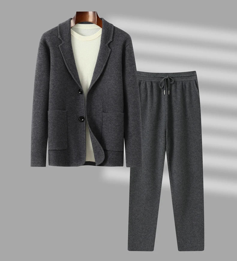 100%Cashmere Suit Men's Suit Collar Knitted Cardigan Business Casual Coat High Waisted Knitted Shorts Winter Thick Two-piece Set