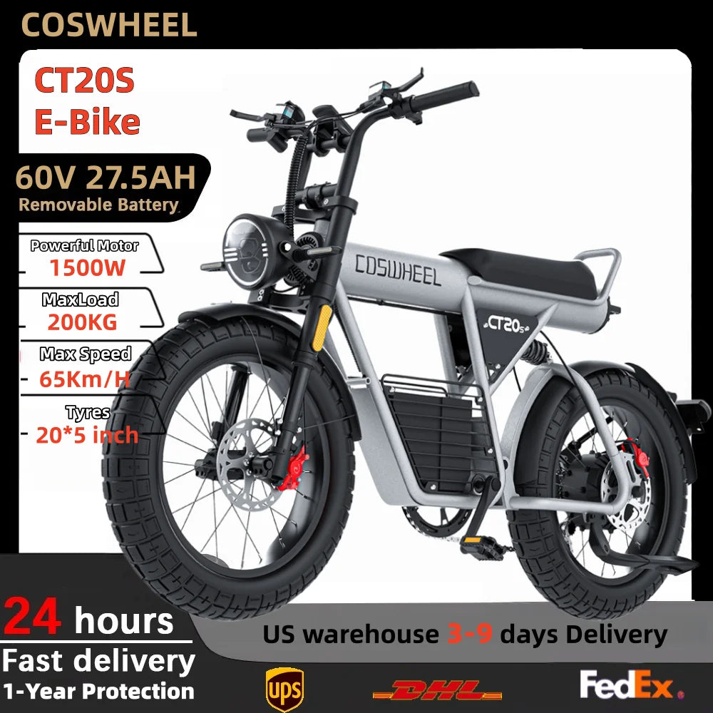 COSWHEEL CT20S 1500W E-Bike 60V 27.5Ah Battery 65km/H 120km Range Adults electric bike 20X5" Fat Tire EBike e bicycle