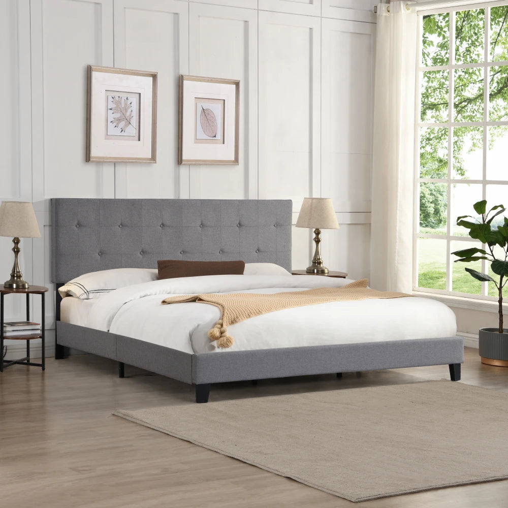 King Size Upholstered Platform Bed Frame - Button Tufted Linen Headboard, No Box Spring, Wood Slat, Easy Assembly, Gray