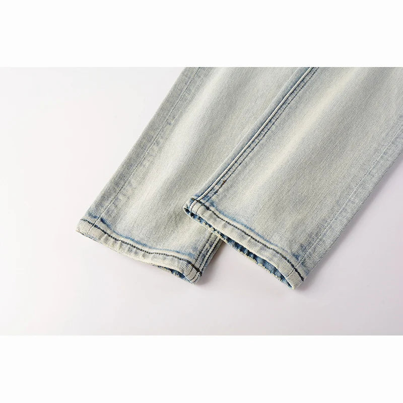 Men's High Street KSUBI Distressed Faded Blue Stretch Skinny Pattern Printing High Quality Button Fly Ripped Jeans Pants
