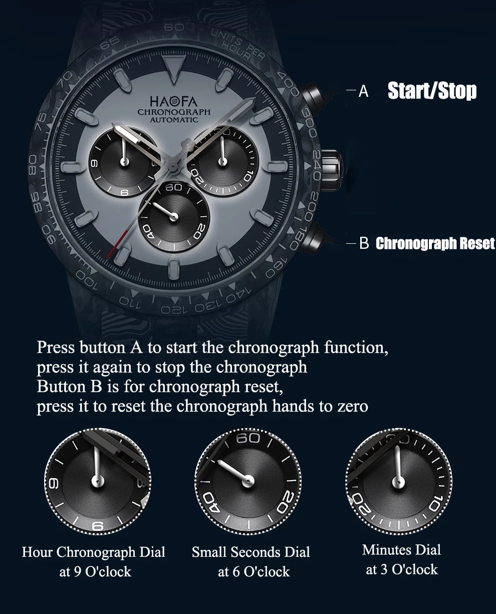 Haofa Watch for Men Full Carbon Fiber Chronograph Automatic Mechanical Watch Sapphire Waterproof Wristwatch Multifunction 2366-1