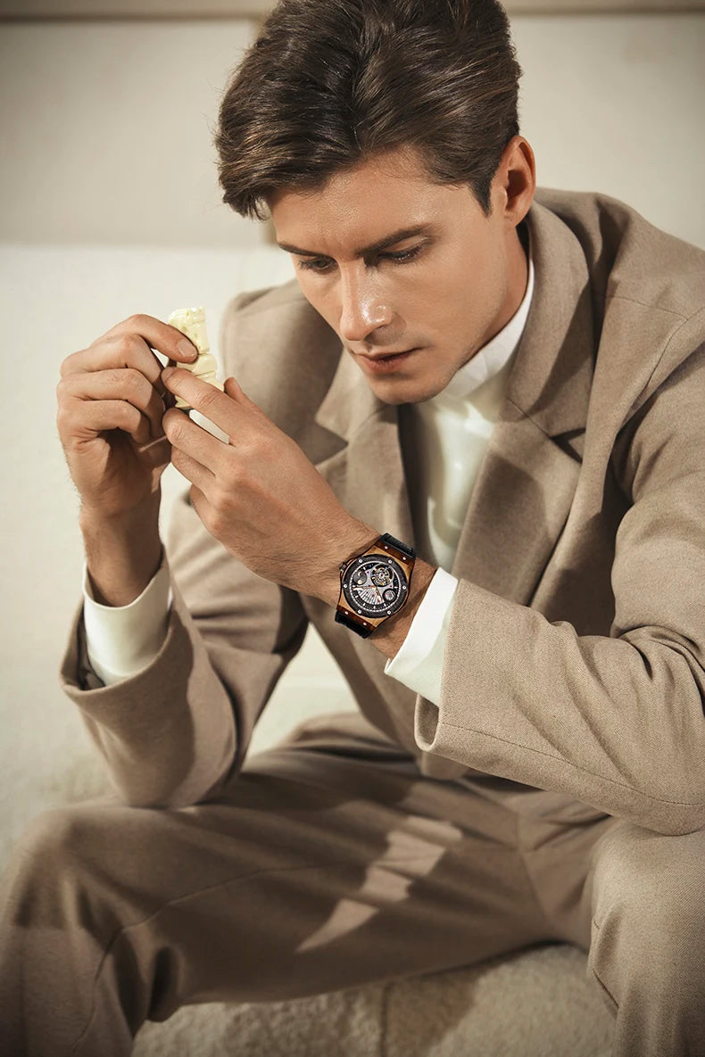 Haofa Manual Tourbillon Movement Watch for man Sapphire Mechanical Bronze Case Carbon Fiber Bezel Mens Watch Day And Night 1915T