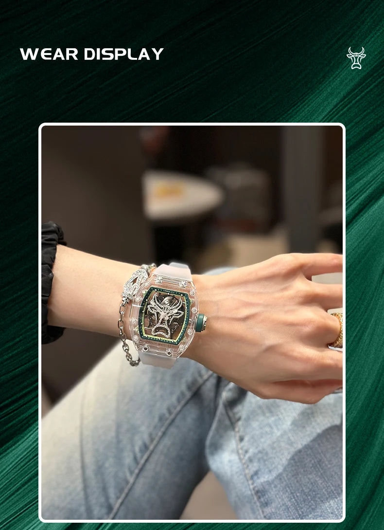 CRONUSART Men Automatic Watch 50mm Tonneau Mechanical Wristwatch Sapphire Case & Mirror Luminous FKM Strap Skeleton Bull Dial