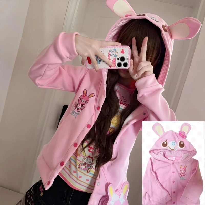 Japanese Cute Coat Embroidery Rabbit Ear Hooded Subculture Kawaii Y2k Tops Casual Fashion Sweet Coats Ropa Mujer Women Clothing