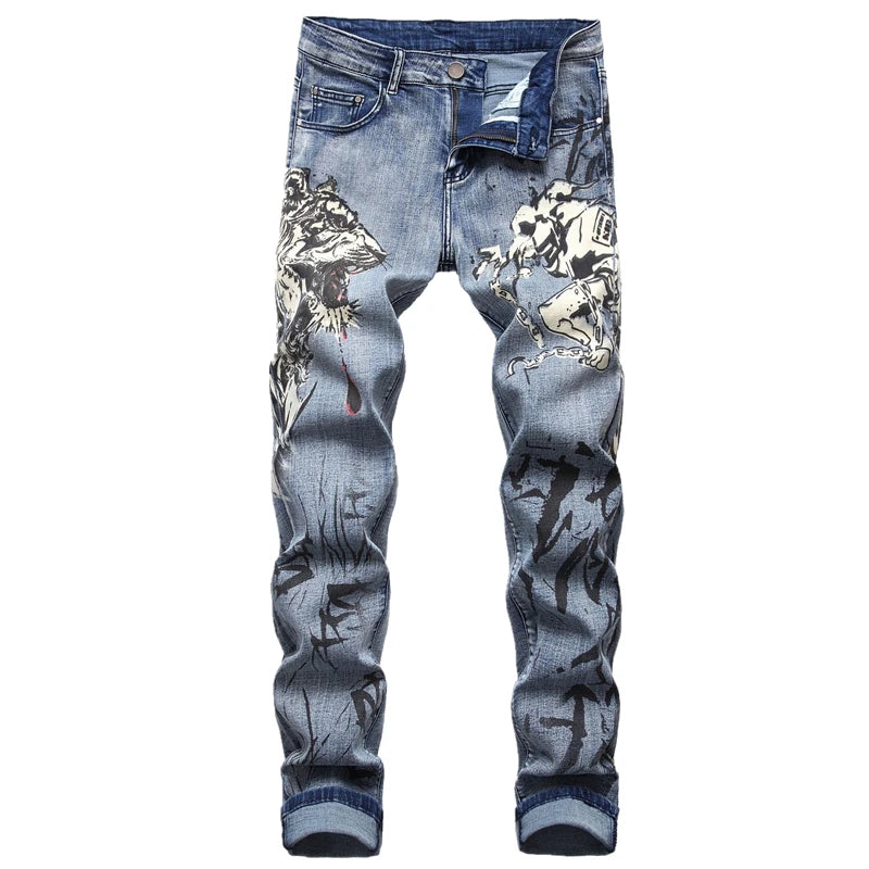 2026 Men's Blue 3D Printing Jeans, Black Wolf Pattern Printed Punk Straight Cotton Casual Print Denim Pants Asian Size 28-42