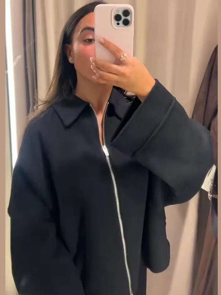 Women Woolen Jacket 2025 Autumn Winter Lapel Long Sleeve Women's Coat Zipper Loose Female Casual Outerwear Retro Lady Tops ﻿