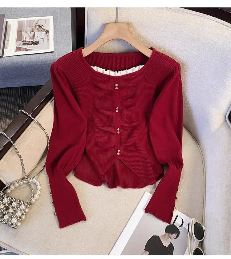 Pleated Slit Hem Contrast Patchwork Sweet Pullovers Women Clothing New Long Sleeve Fashion Sweaters Casual Korean Autumn Winter