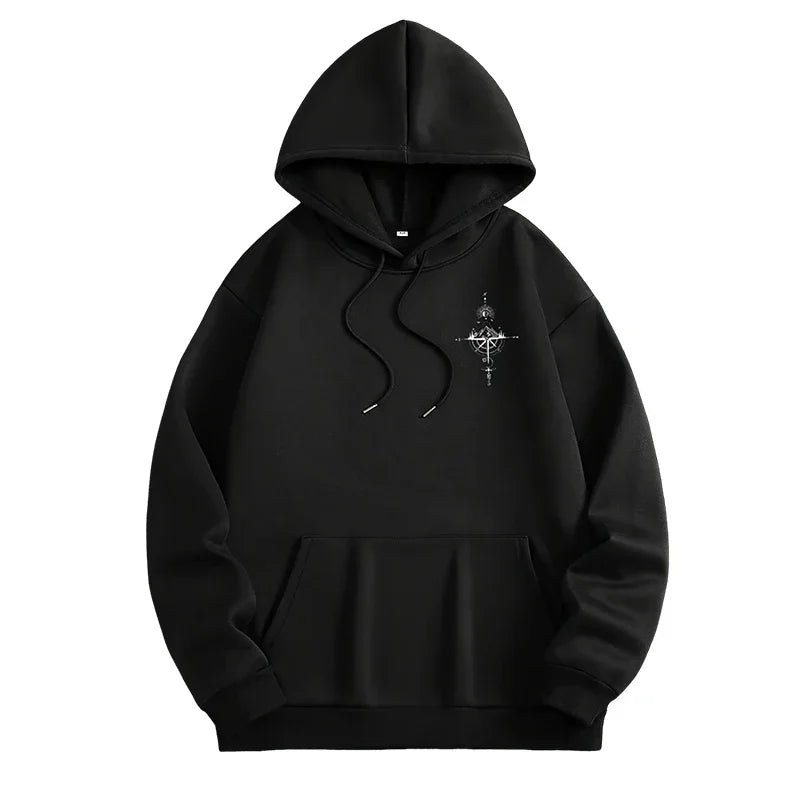 Vintage Compass Printing Hoodies for Men Hooded Long Sleeve Pullover Spring and Autumn Daily Casual Sports Tops Men's Clothes
