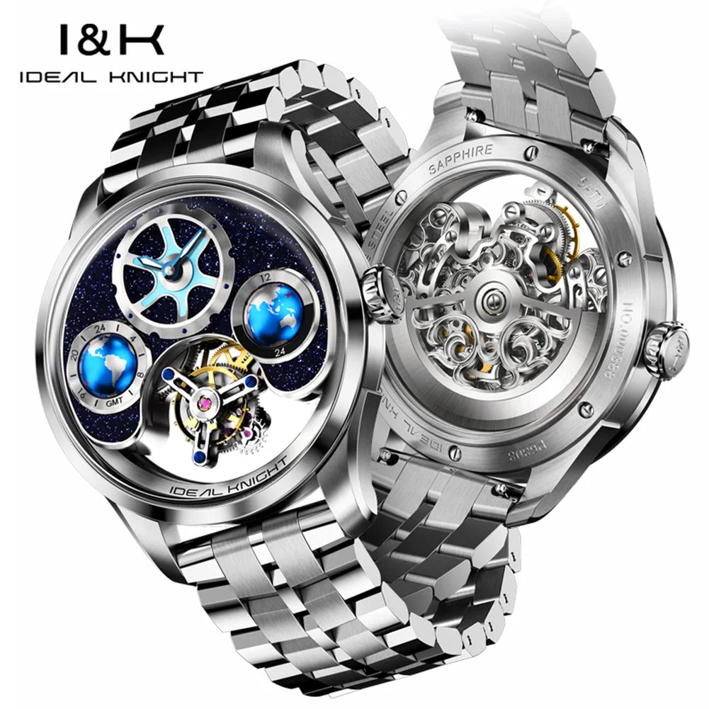 IDEAL KNIGHT Real Tourbillon Automatic Watches for Men 43mm Large Dial Blue Earth Series High-end Luxury Brand Mechanical Watch