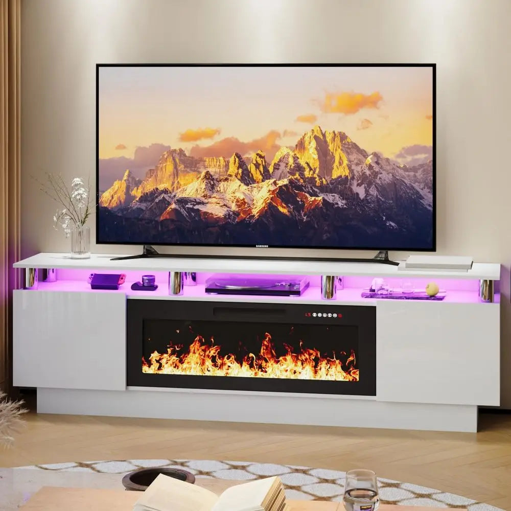 70-80 Inch TV Stand with 36 Electric Fireplace, Entertainment Center, LED Lights for Living Room