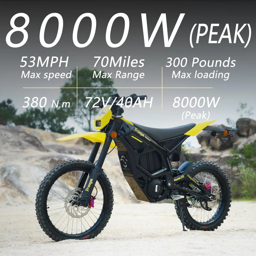 Freego 8000W Electric Dirt Bike 72V 40Ah Mid Drive Off Road Electric Motorcycle 53MPH Adult Ebike 19/18 Tires + 2 Year Warranty