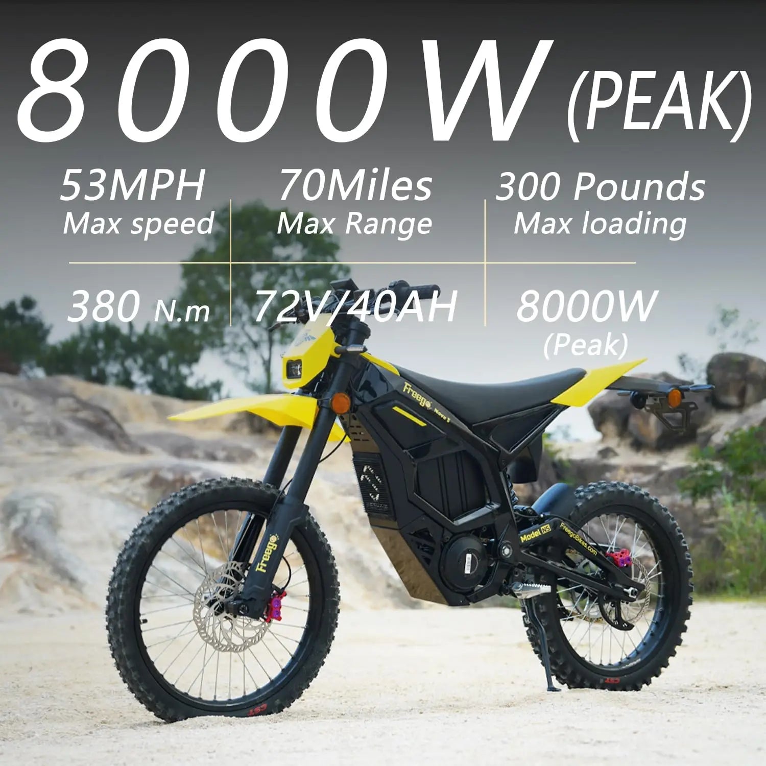 Freego 8000W Electric Dirt Bike 72V 40Ah Mid Drive Off Road Electric Motorcycle 53MPH Adult Ebike 19/18 Tires + 2 Year Warranty