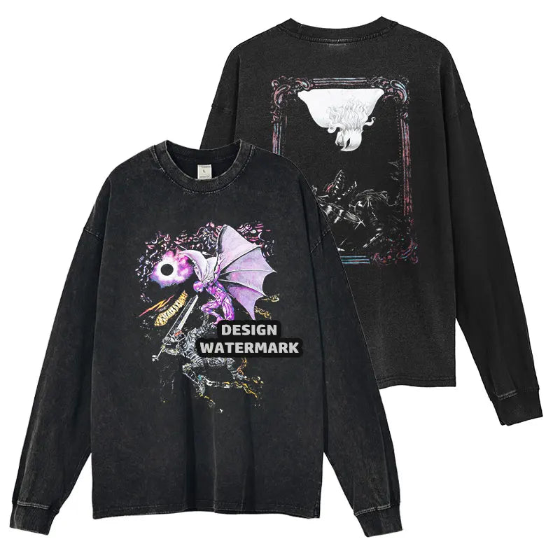 Anime Griffith Sweater Oversized Vintage Washed B -Berserk Long Sleeve T Shirt Manga Guts Pullover Zodd Sweatshirts 100% Cotton