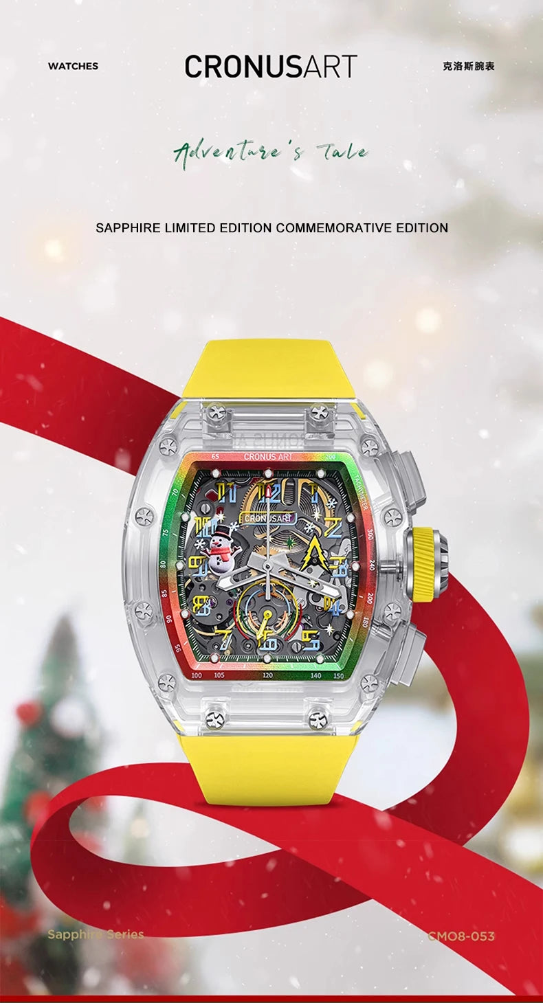 CRONUSART Men Chronograph Watch Tonneau Mechanical Wristwatch Sapphire Case Luminous Fluororubber Strap Christmas Limied Edition