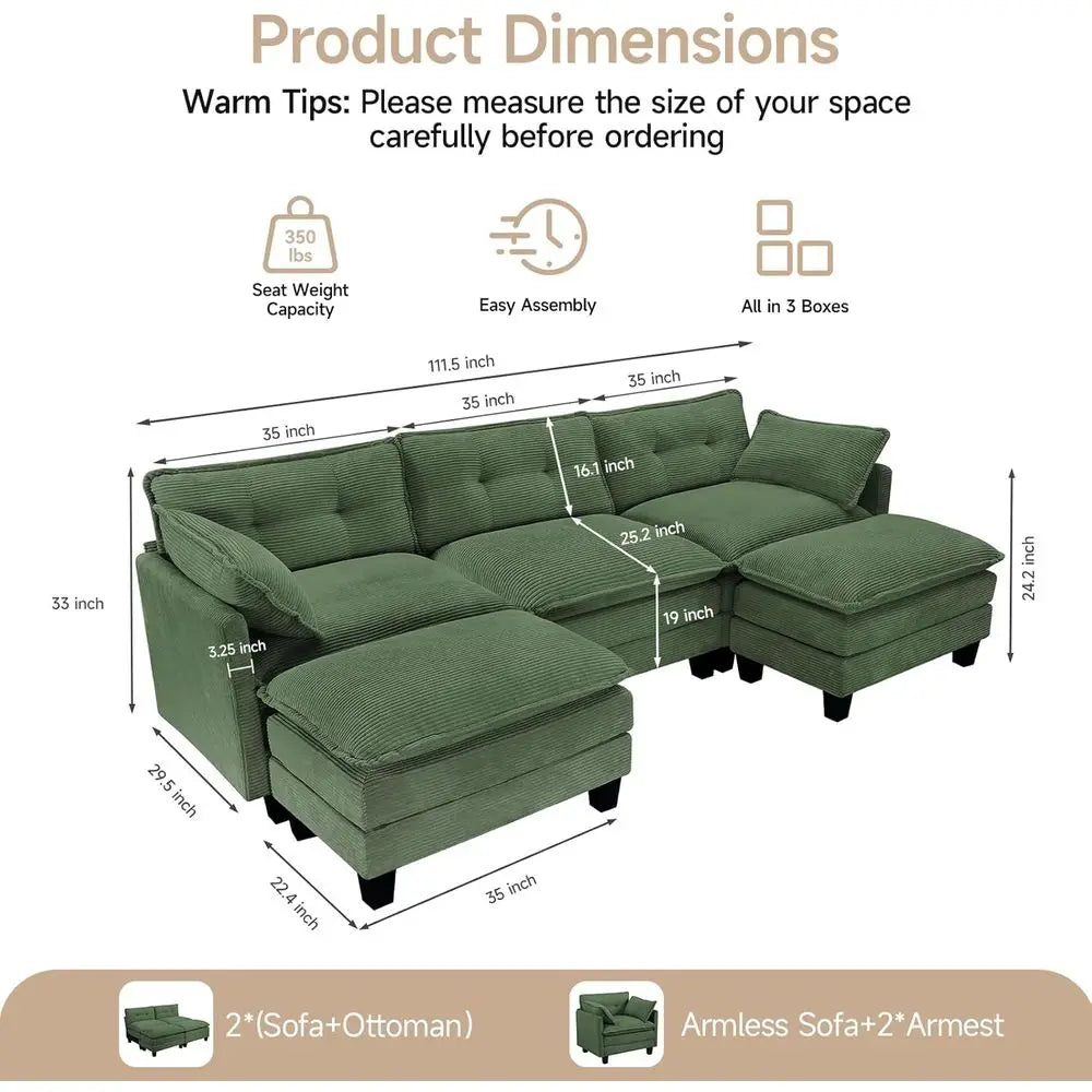U-Shaped Corduroy 3-Seater Sofa with 2 Ottomans, Green Deep Seating Living Room Sectional