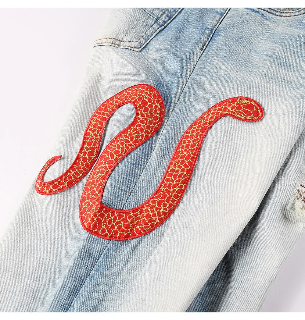 Men's Snake Embroidery Skinny Jeans Streetwear Red Leather Patch Pants Holes Ripped Distressed Denim Tapered Trousers