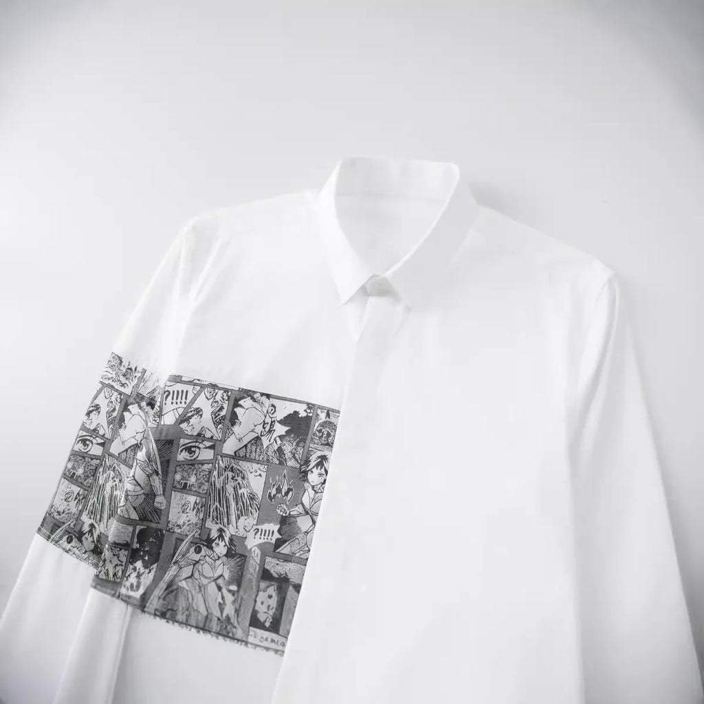 2024 Cartoon Printed Splicing Shirt for Men Long Sleeve Slim Casual Shirts Fashion Lapel Slim Fit Social Streetwear Men Clothing