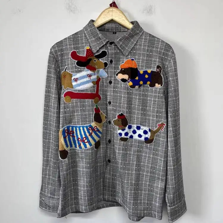 PFHQ Fashion Men's Shirt Cartoon Towel Embroidered Decoration Plaid Design Loose Personality Versatile Male Shirt Tide 21P2205