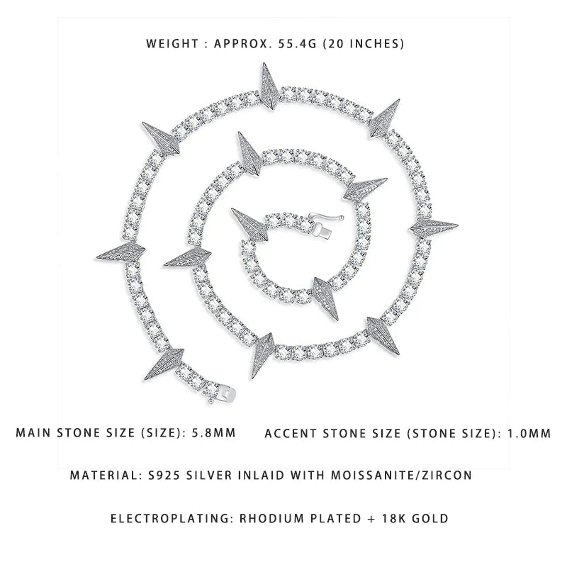 Luxury Spike Design Moissanite & CZ Necklace | S925 Silver with 18K Gold Plating | Hip Hop Jewelry