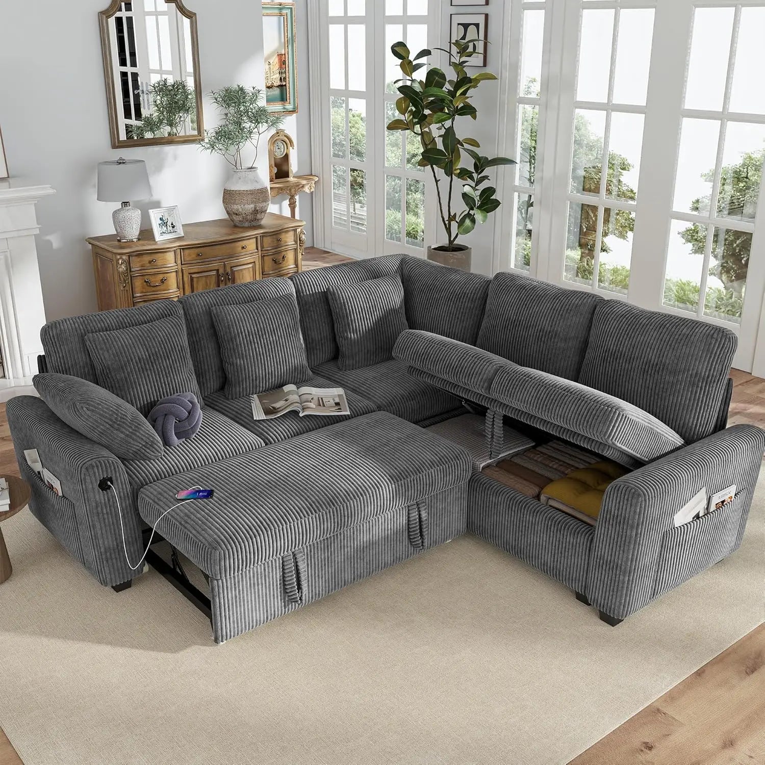 L Shaped Sectional Sleeper Sofa with Pull Out Bed Storage USB Charging Living Room Apartment, Custom