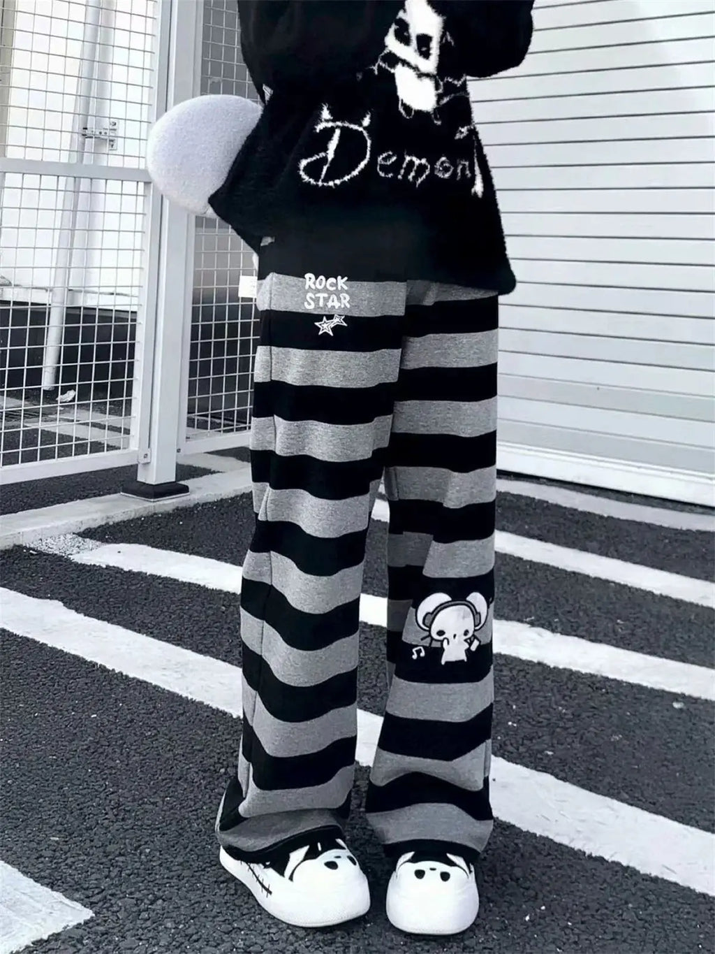 Harajuku Y2K Punk Anime Printed Striped Pants Straight Leg CleanFit PVC Material ex Neutral Sle Casual Trousers