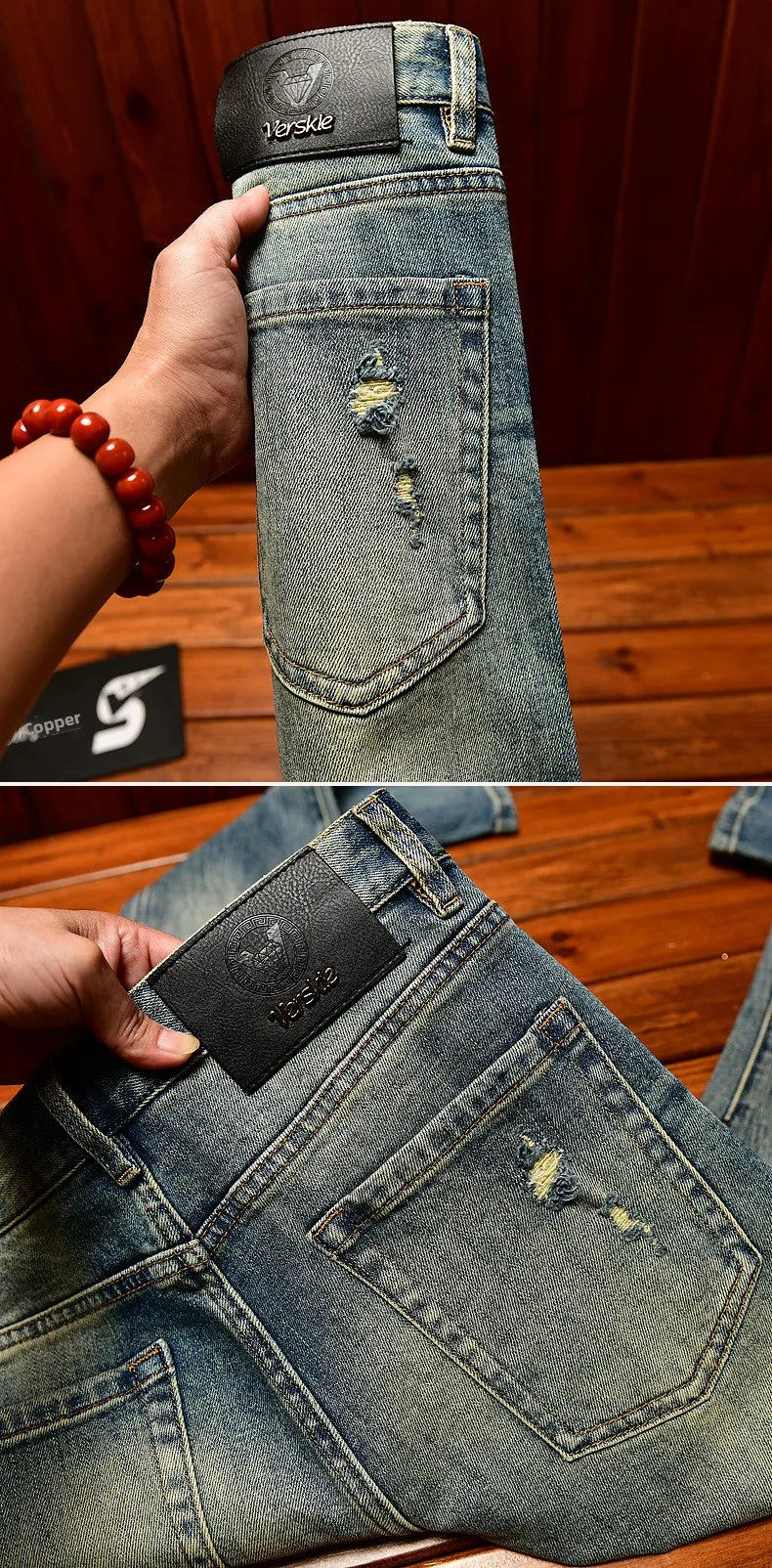 Fashionable light luxury jeans with men's patch design trendy retro elastic ripped pants