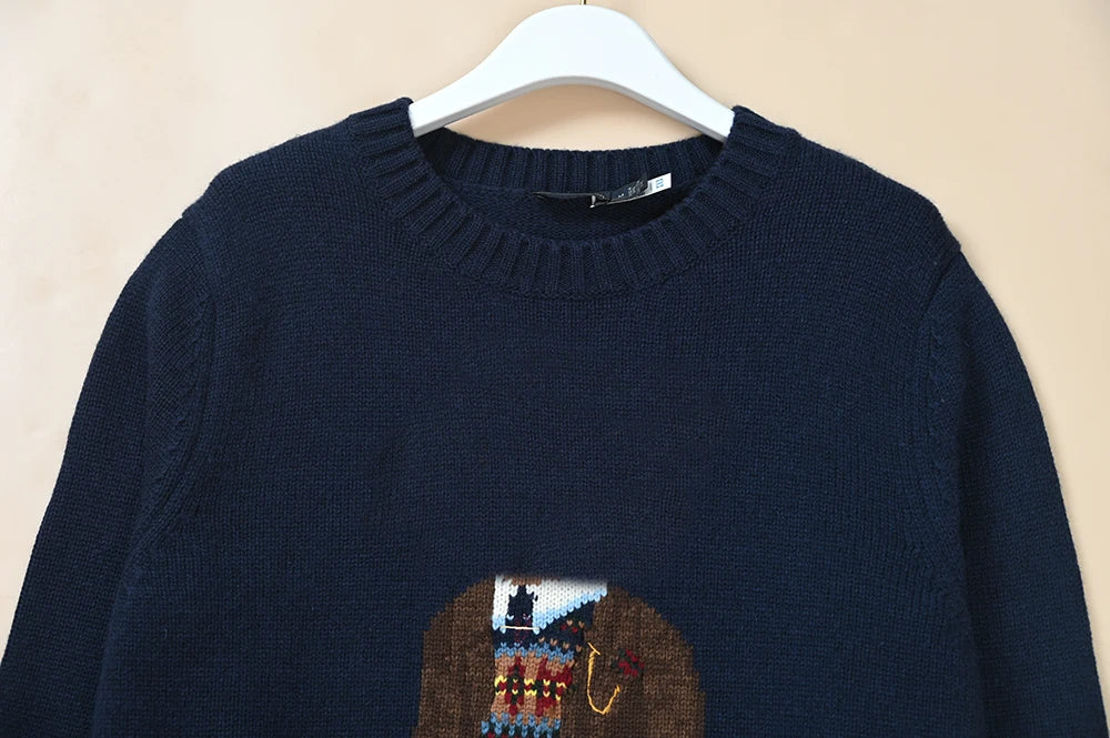 Autumn Winter Men's Knitted Sweater Heavy Embroidery Cartoon Pattern round Neck College Style Ageless Versatile Long Sleeve Top
