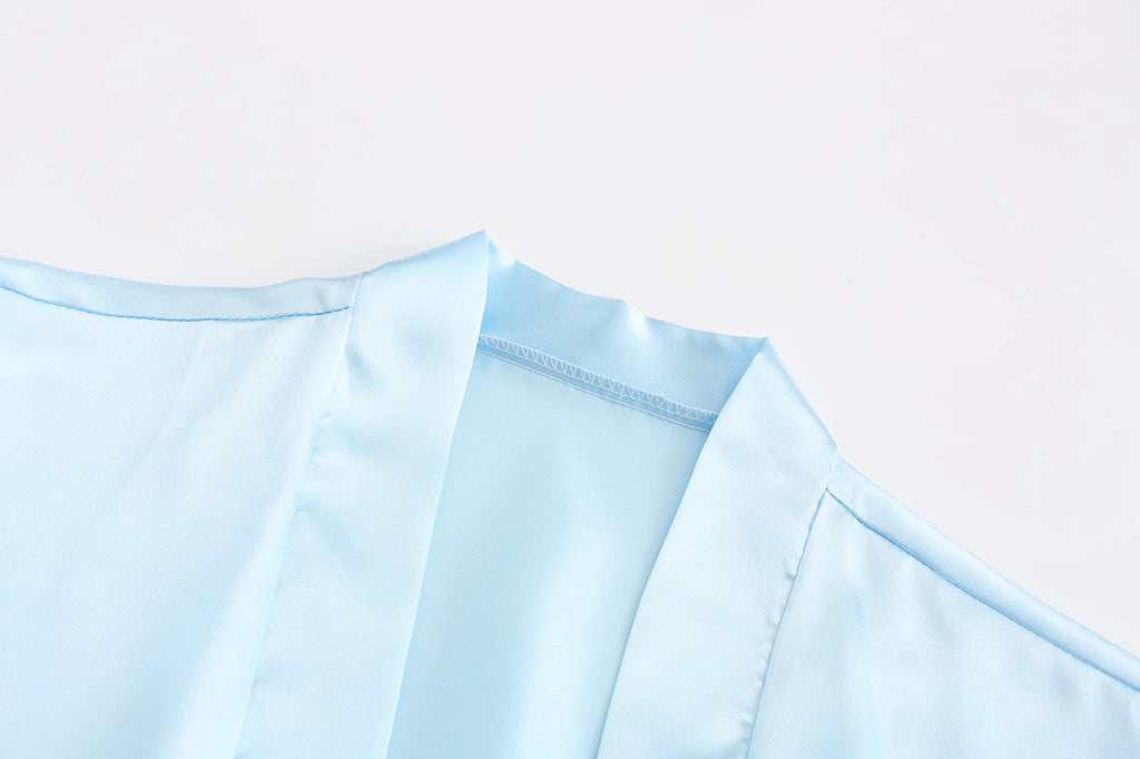 Light Blue Women's Satin Robe Short Kimono for Bride & Bridesmaid With White Letter, Wedding Party Robes