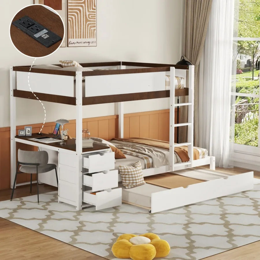 Full-Over-Full Bunk Bed with Twin size Trundle Storage and Desk White+Walnut