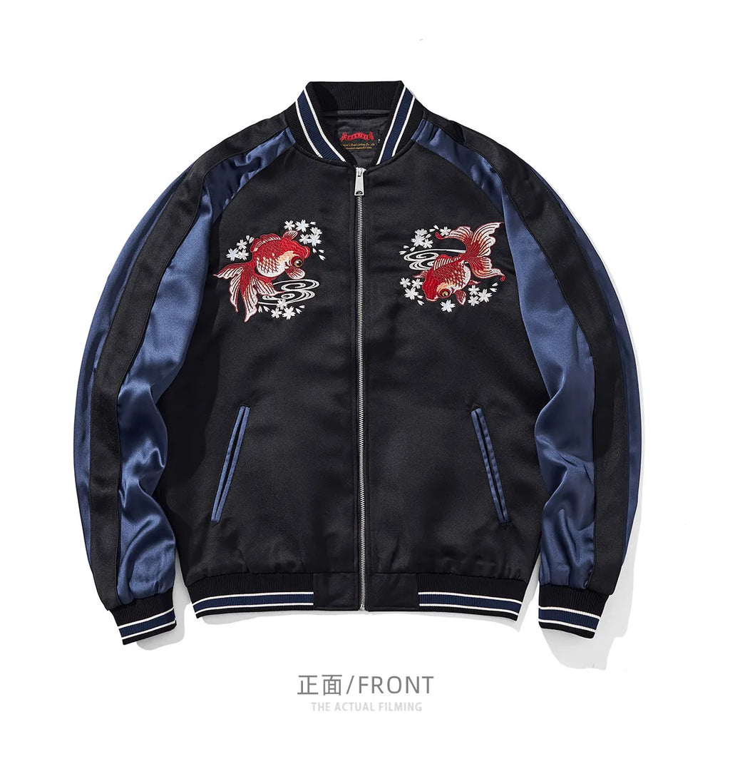 Cherry Blossom Embroidered Jacket Boys Top Spring and Autumn Japanese Sukajan Koi Fish Sakura Embroidered Satin Bomber Jacket
