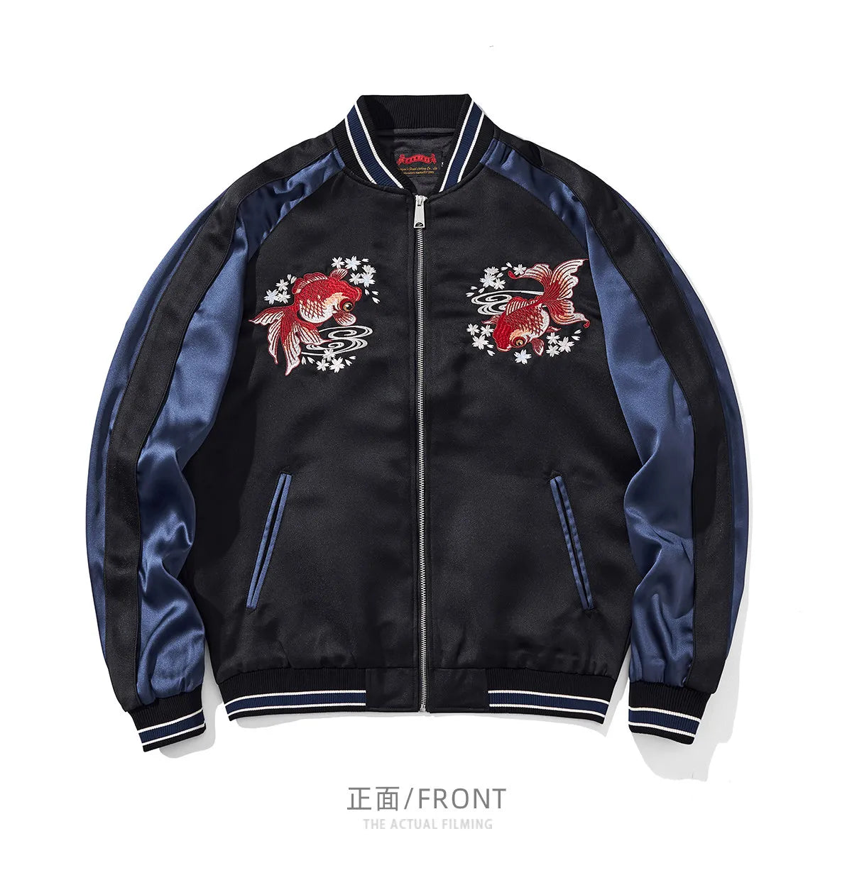 Cherry Blossom Embroidered Jacket Boys Top Spring and Autumn Japanese Sukajan Koi Fish Sakura Embroidered Satin Bomber Jacket