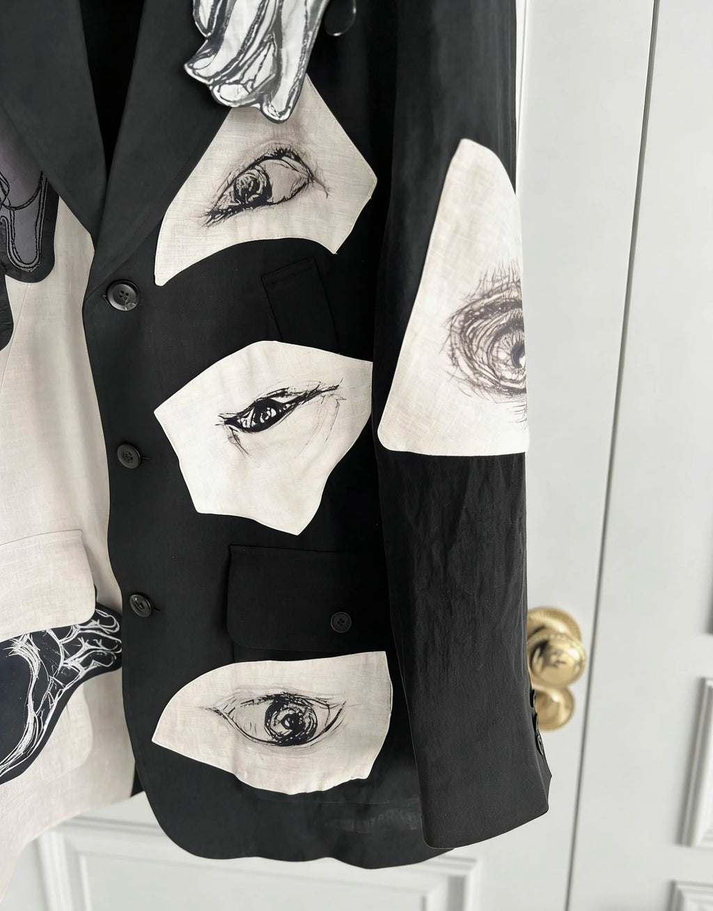 TOP-YAMAMOTO original design eye and hand linen patchwork patch suit Black and white suit