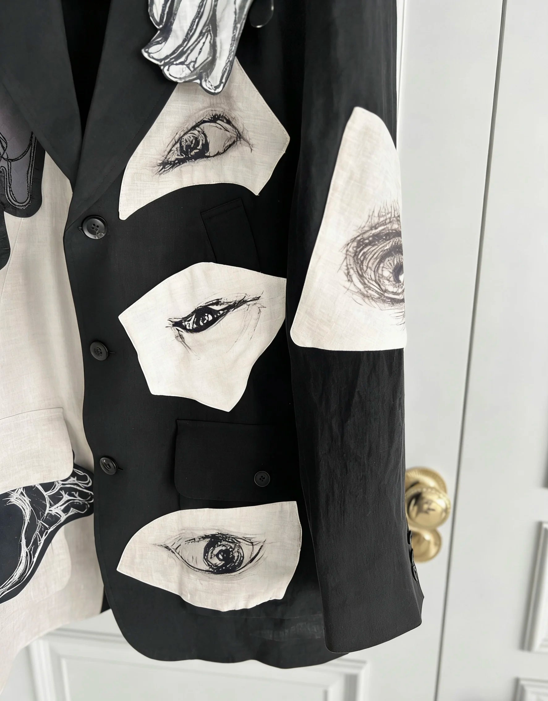TOP-YAMAMOTO original design eye and hand linen patchwork patch suit Black and white suit