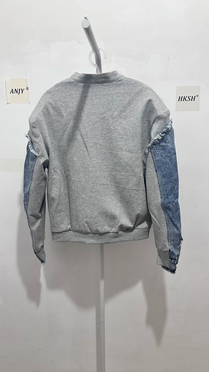 HKSH Spring Autumn New Men Trend Ripped Frayed Denim Patchwork Jacket Elastic Waist Wide-Leg Pants Fashion Two-Piece Set HK16899
