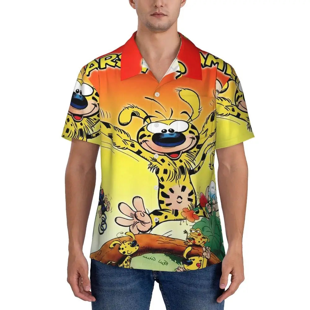 Art - Marsupilami Cartoon Anime Men's Shirts Hawaiian Short Sleeve Shirt Funny Button Tops for Summer Beach