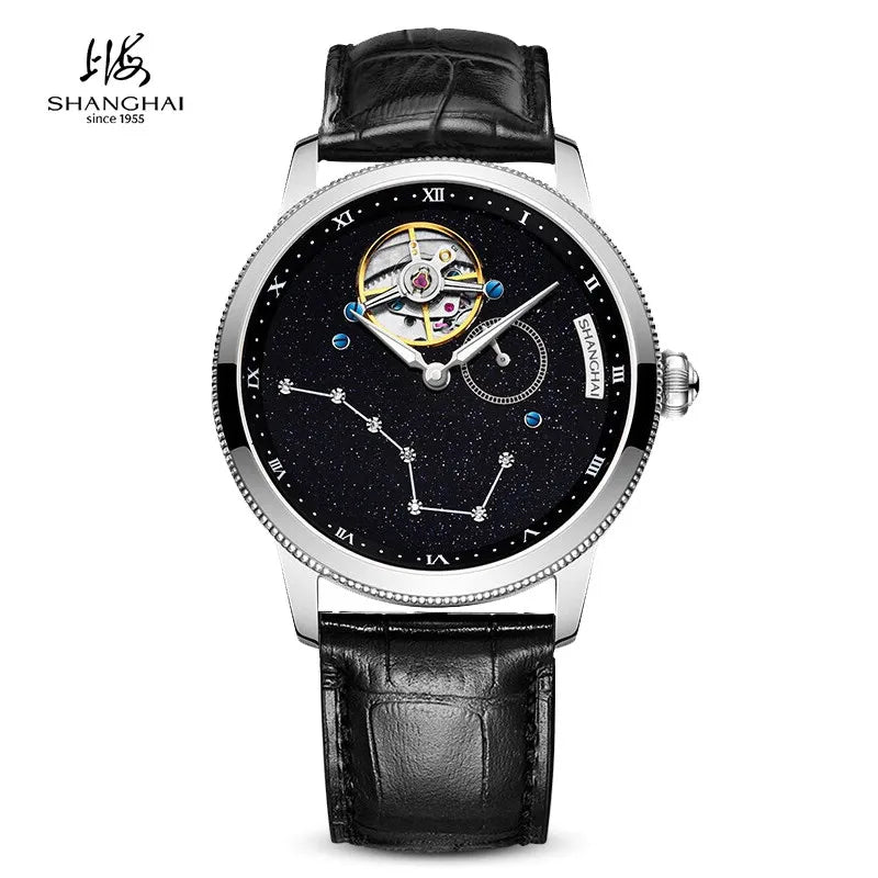 Shanghai Watch Carousel Manual Winding Mechanical Watches Luxury Men's Wristwatch Rotating Dial Luminous Waterproof Watch 6813J