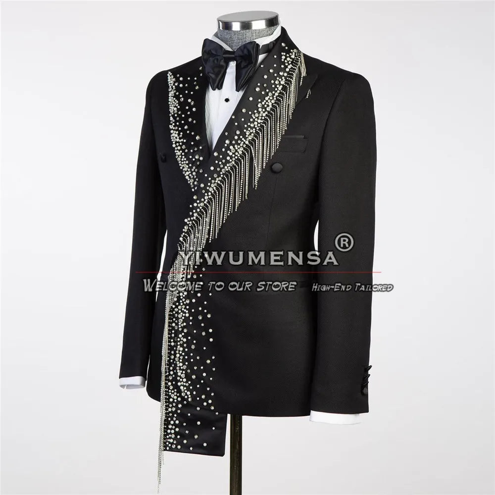 Luxury Jewelry Ornament Beaded Suits Men For Wedding Double Breasted Jacket Pants 2 Pieces Groomsman Tuxedo Customized Man Dress