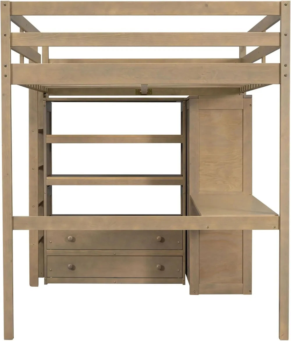 Full Size Loft Bed with Desk, Wardrobe, Drawers & Shelves - Space-Saving Wooden Frame for Kids Teens Adults