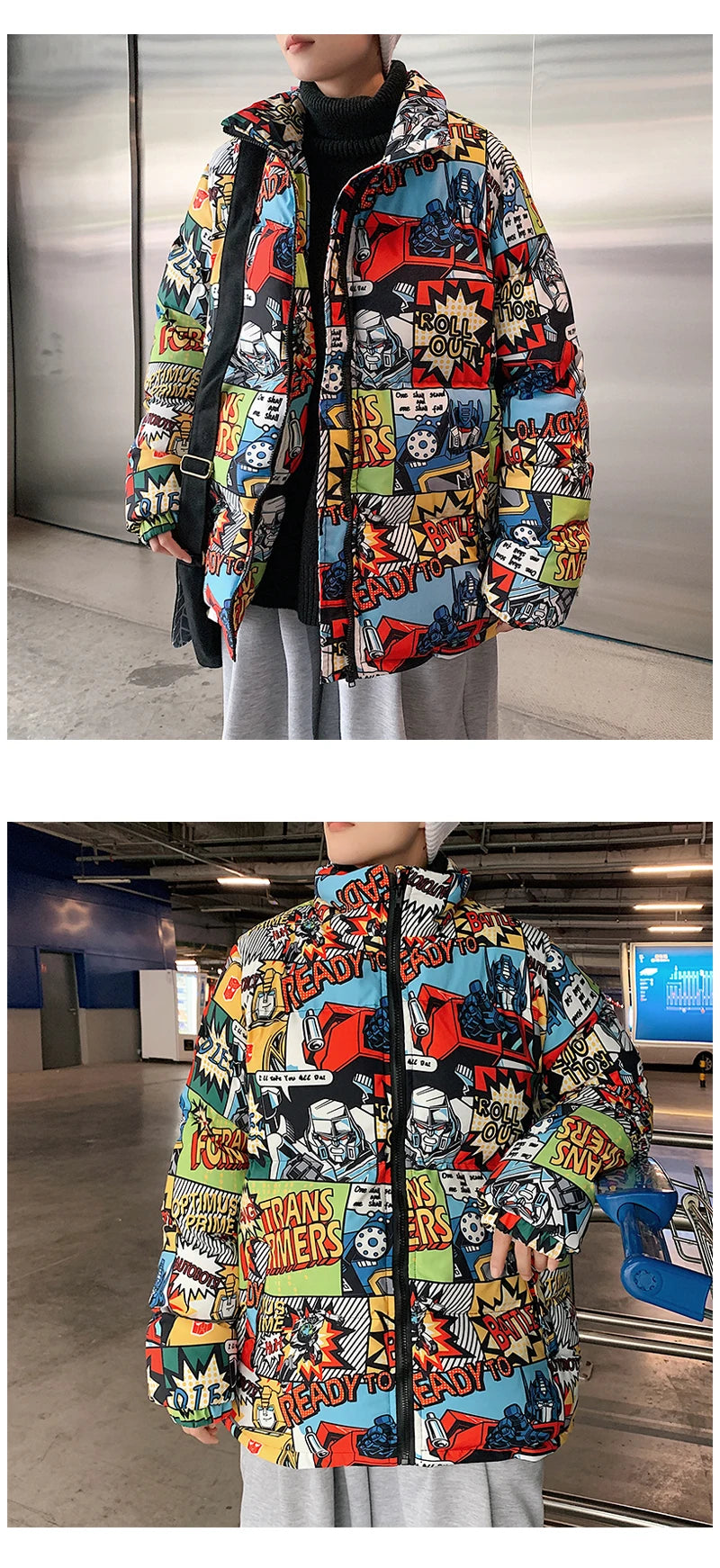 Hip Hop Graffiti Cartoon Print  Parkas Coats Men Streetwear Harajuku Mens Winter Thickend Warm Zipper Cotton Padded Jacket Women