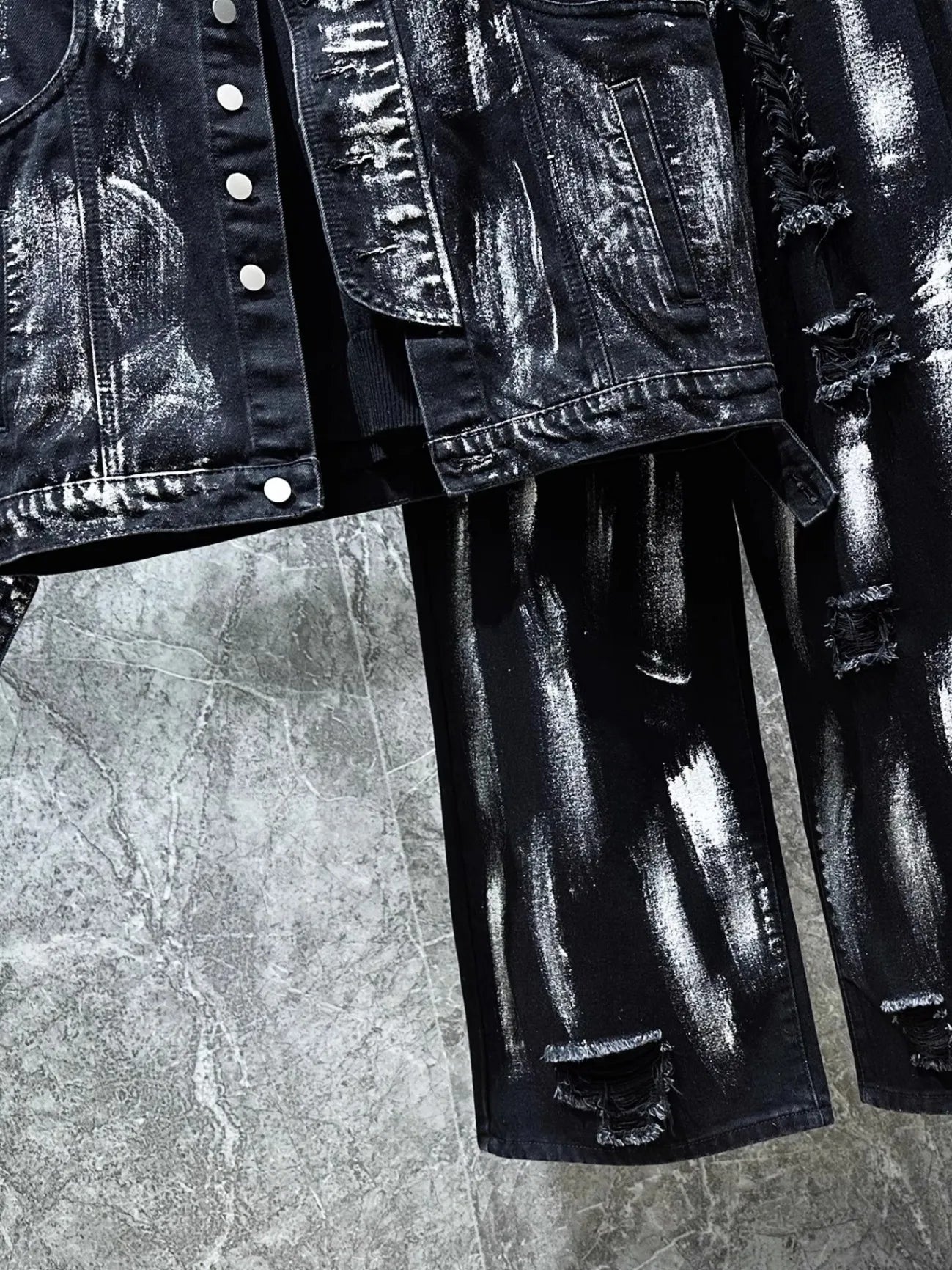 Men's Ripped Jeans Two-piece Set Splashed Ink Vest Jacket Straight Leg Pants American Fashion Autumn High Street Male Denim Sets
