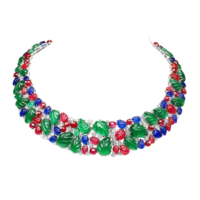 BELLUX Heavy Design Top Quality Ultra Luxury 925 Silver Synthetic Gemstone Carving Fruit Leaf Wide Edition Vintage Necklace