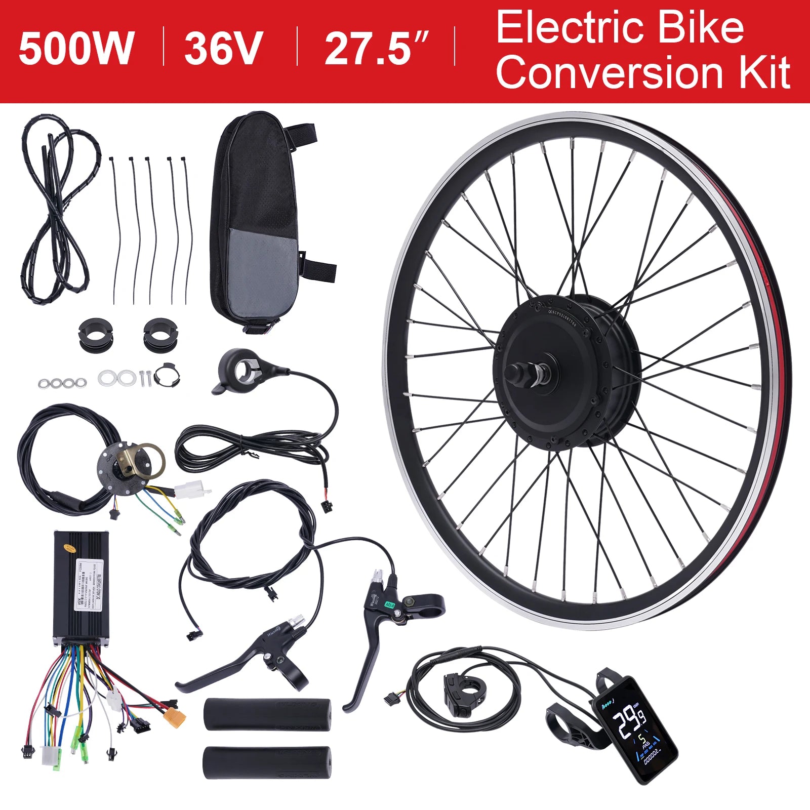 36V 500W Electric Bike Conversion Kit with LCD Display PAS Brake Levers Complete E-Bike Kit for 27.5"/700C Front Wheel