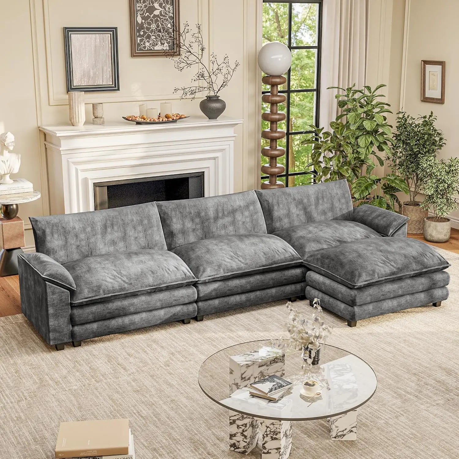 119 Modular Sectional Sofa with Reversible Ottoman Deep Seat Chenille for Living Room, Custom